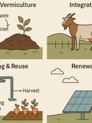 Infographic showing closed-loop farming cycle with composting, vermiculture, water harvesting, renewable energy, and livestock integration.