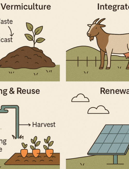 Infographic showing closed-loop farming cycle with composting, vermiculture, water harvesting, renewable energy, and livestock integration.